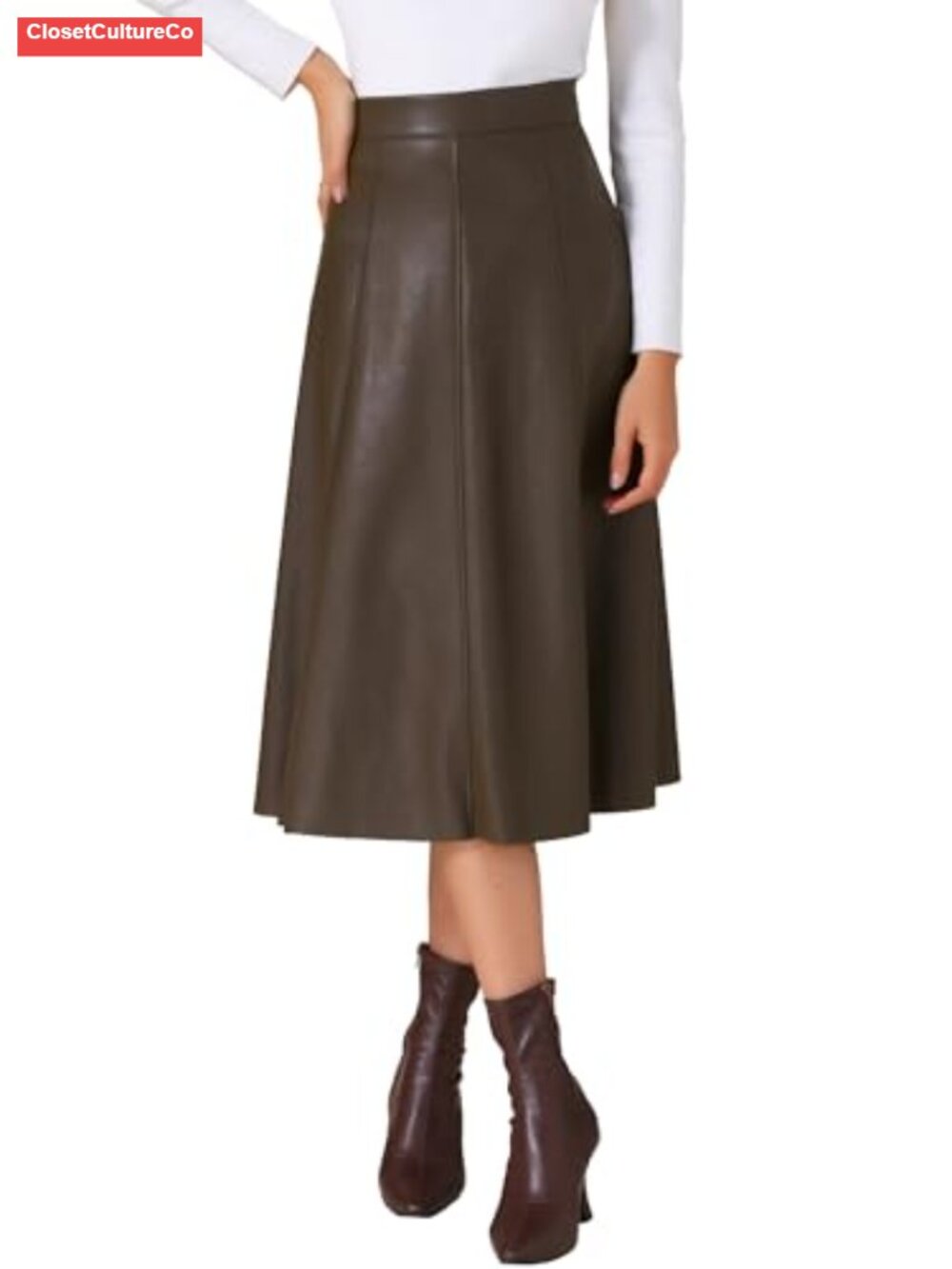 Faux PU Leather High Waist A Line Midi Skirt Party Office